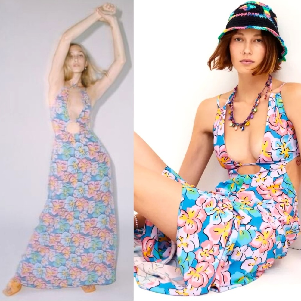 For Love & Lemons Yasmin Open Back Floral Maxi Dress XS Cut Out Plunge Summer - Picture 3 of 17